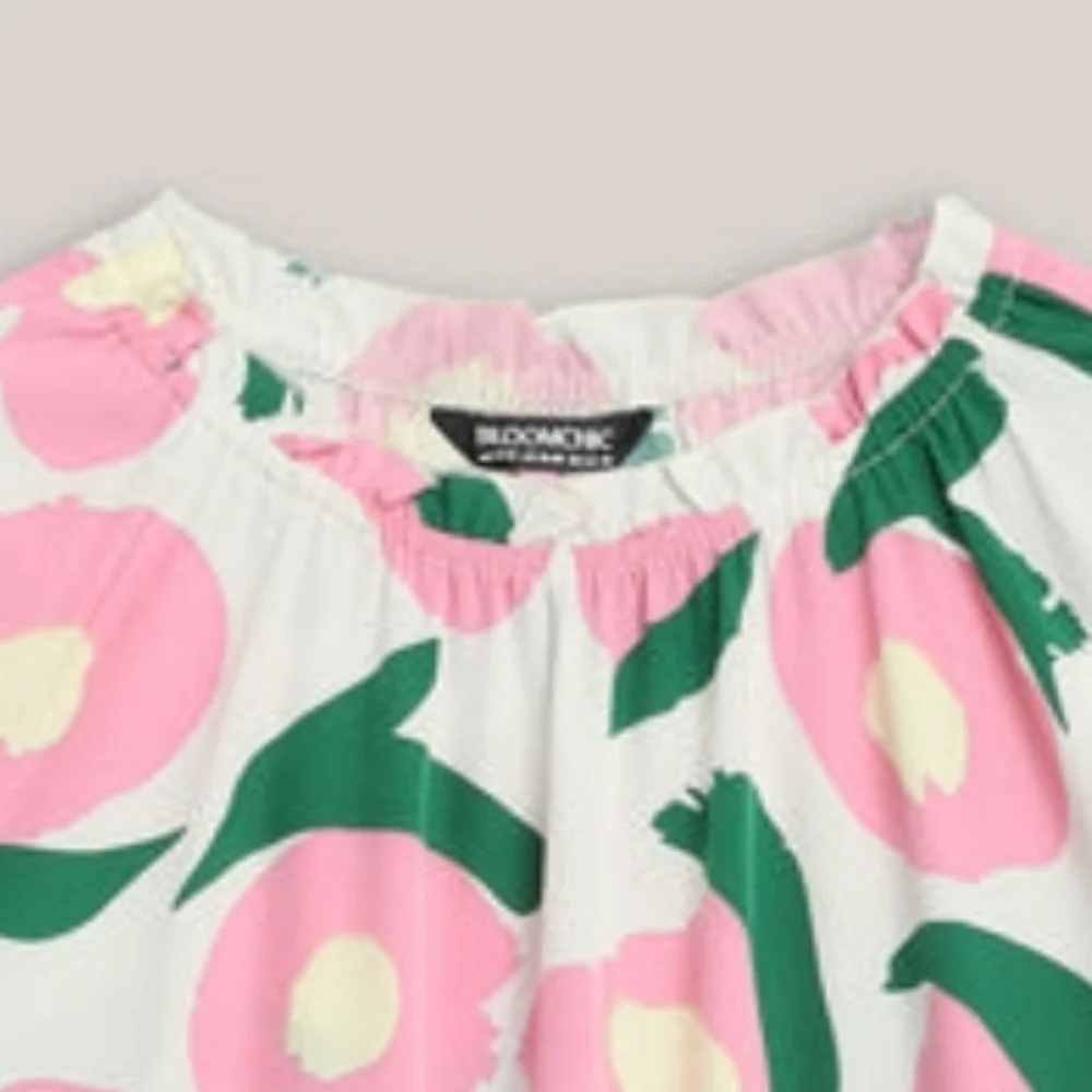 Bloom Chic Ruffled Neck Puffy Sleeve Blouse-Floral White, Pink and Green Pattern - Picture 2 of 6